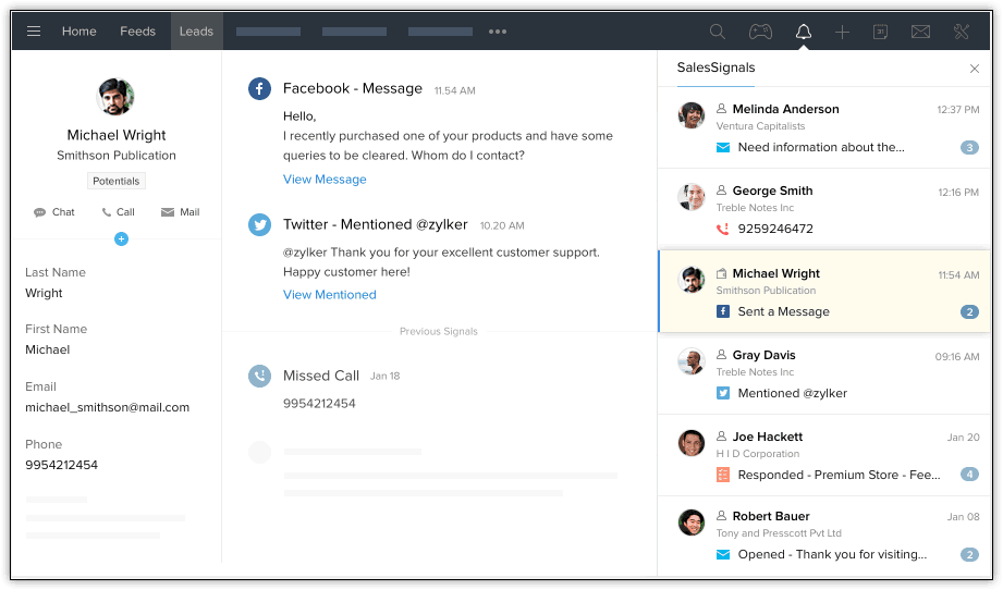 Exemple salessignals dans Zoho CRM